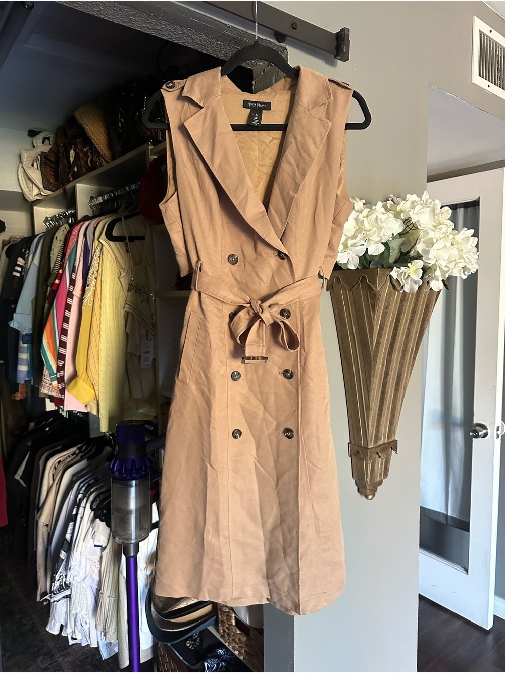 White House Black Market Sleeveless Double-Breasted Trench Dress - Beige